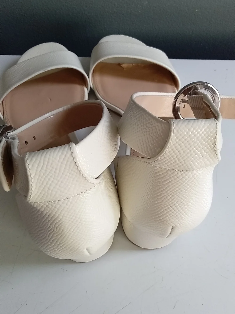 Michael Kors Cream Textured Block Heel Ankle Strap Sandal Off White Silver Buckl